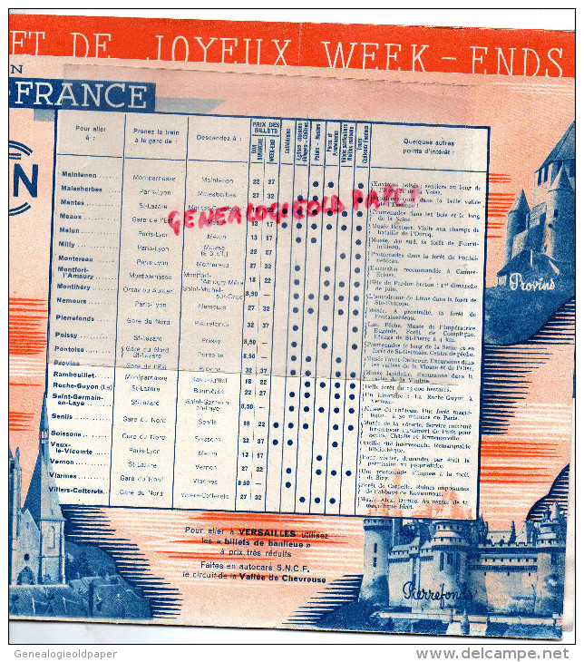 75 - PARIS - BEAU PLAN ILE DE FRANCE- SNCF- 1939-BEAUVAIS-CHANTILLY-FONTAINEBLEAU-VERSAILLES-MELUN-SENLIS-DREUX-CHARTRES - Dépliants Touristiques