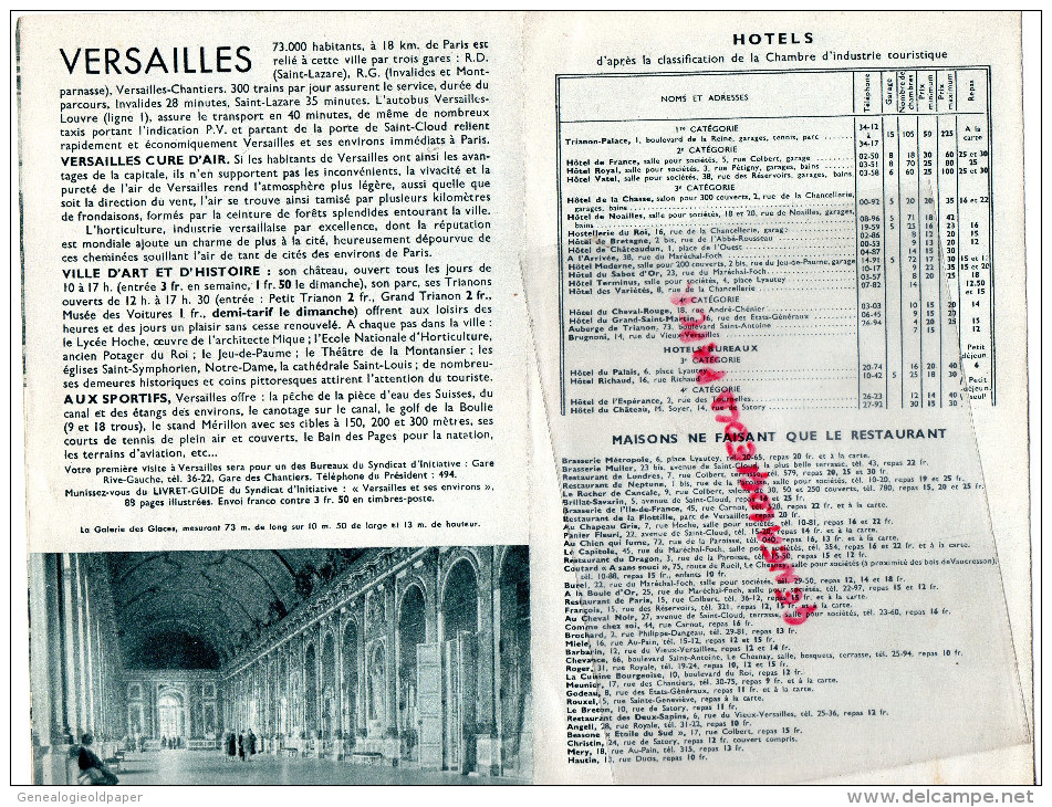 78 - VERSAILLES - BEAU DEPLIANT TOURISTIQUE 1939- HOTELS- RESTAURANTS- - Dépliants Touristiques