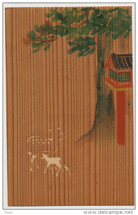 Carte Japonaise Genre Bois Avec Decoupe Daim Faon Cedre A Cedar  Bark Kasuga Shrine Nara - Autres & Non Classés