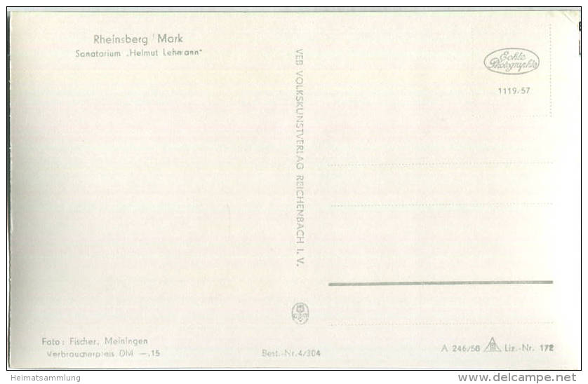 Rheinsberg - Sanatorium Helmut Lehmann - Foto-Ansichtskarte 1958 - Verlag VEB Volkskunstverlag Reichenbach I. V. - Rheinsberg