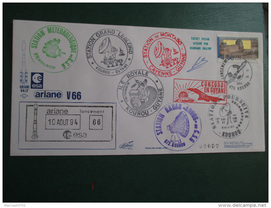 E.esa Ariane 44LP V66eme Tir 10/8/95 Cachet Des Stations Kourou Et Cayenne Concorde En Guyane  N° 97  Lollini Signée - Other & Unclassified