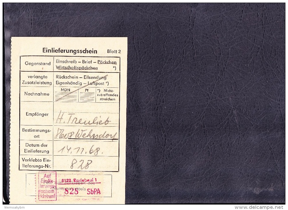 DDR: Fern-R-Brief  Radebeul 1 (828) 14.11.68 Mit Einlieferungs-Schein - Briefe U. Dokumente