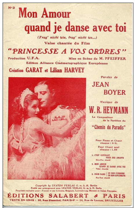 CAF CONC PARTITION HENRY GARAT FILM UFA PRINCESSE À VOS ORDRES MON AMOUR QUAND JE DANSE AVEC TOI HARVEY HEYMANN 1931 - Other & Unclassified