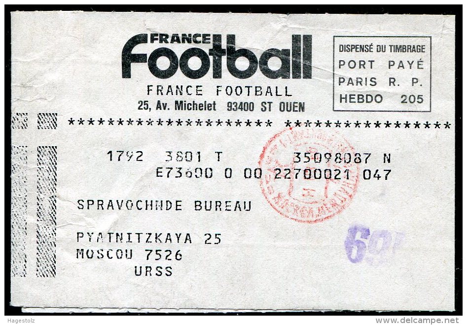 France 1969 Football Fussball Soccer Heading On Paris Wrapper To Moscow USSR Russia Port Payé Entier Bande Streifband - Cartas & Documentos