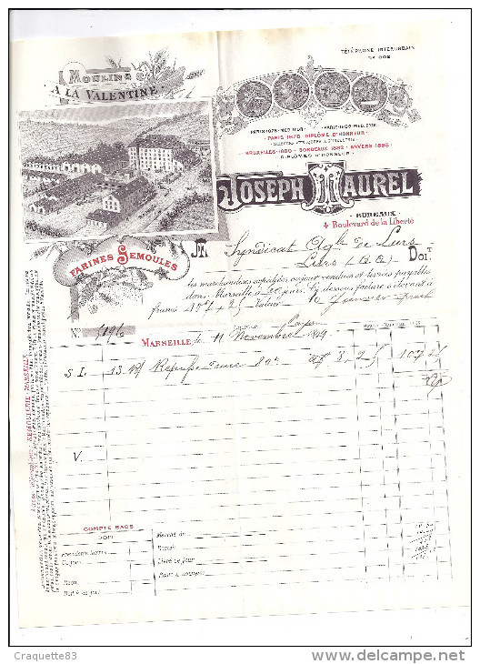 FACTURE- MOULINS A LA VALENTINE - JOSEPH MAUREL  - Adressée AU SYNDICAT AGRICOLE DE LURS 04  1899 - 1800 – 1899