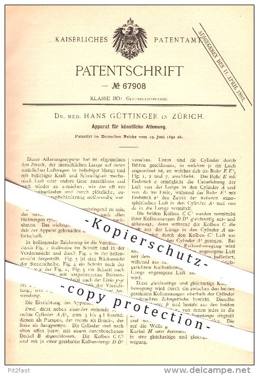 Original Patent - Dr. Med. H. Güttinger , Zürich , 1892 , Apparat Für Künstliche Atmung , Beatmung , Atmen , Medizin !! - Historical Documents