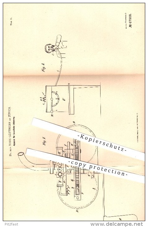 Original Patent - Dr. Med. H. Güttinger , Zürich , 1892 , Apparat Für Künstliche Atmung , Beatmung , Atmen , Medizin !! - Historical Documents