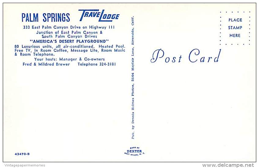 257411-California, Palm Springs, Travelodge, Dennis Holmes By Dexter Press No 43470-B - Palm Springs
