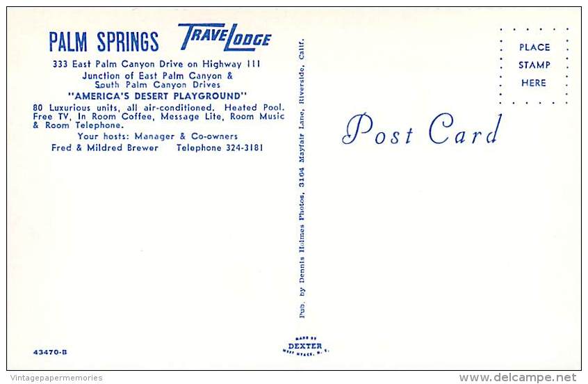 257413-California, Palm Springs, Travelodge, Dennis Holmes By Dexter Press No 43470-B - Palm Springs