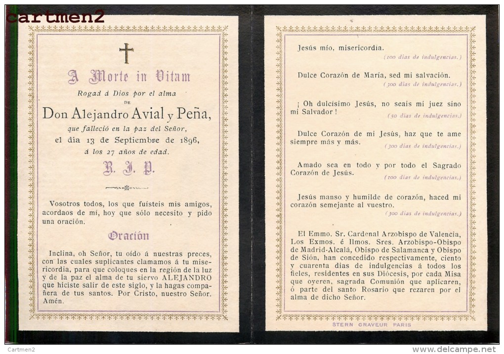 FAIRE-PART DE DECES Don Alejandro Avial Y Pena Image Pieuse Christ Religionpar Stern Graveur A Paris 1896 - Obituary Notices