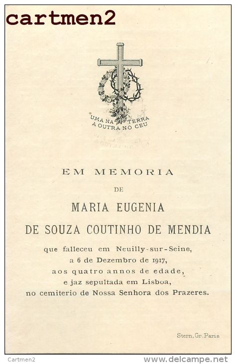 FAIRE-PART DE DECES MARIA EUGENIA DE SOUZA COUTINHO DE MENDIA LISBOA PORTUGAL - Todesanzeige