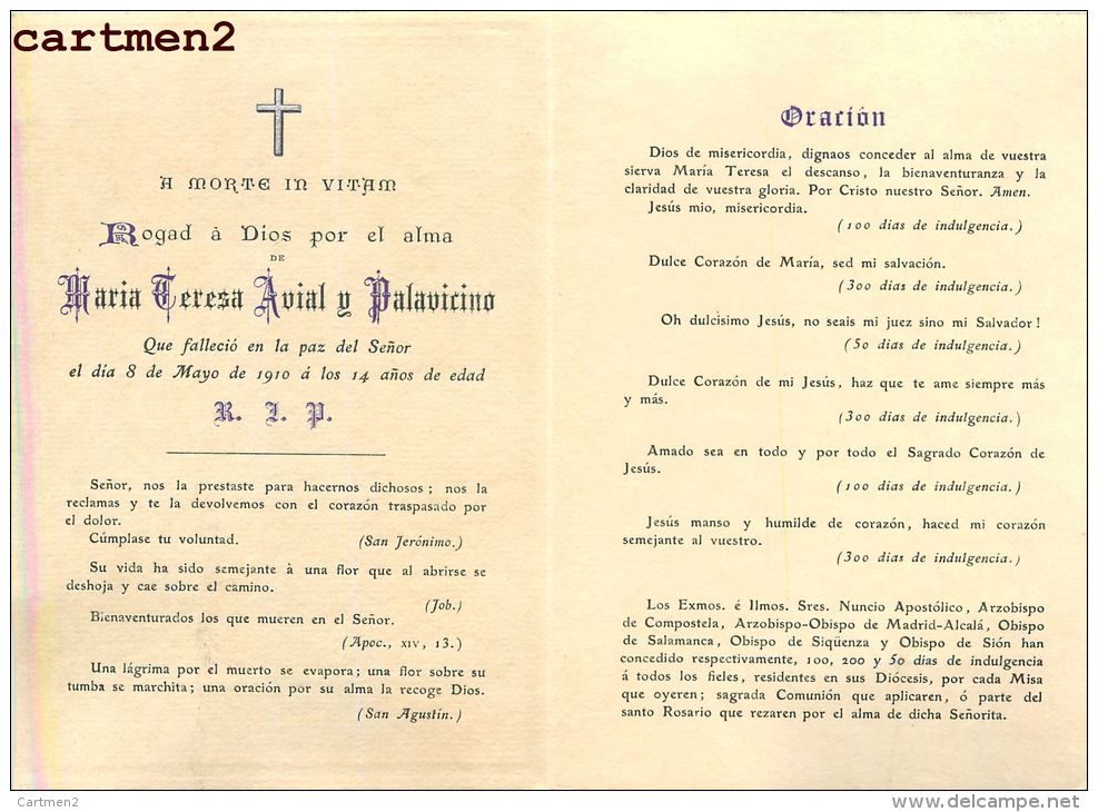 FAIRE-PART DE DECES MARIA TERESA AVIAL Y PALAVICINO  ITALIA ITALIE GRAVEUR STERN PARIS - Todesanzeige