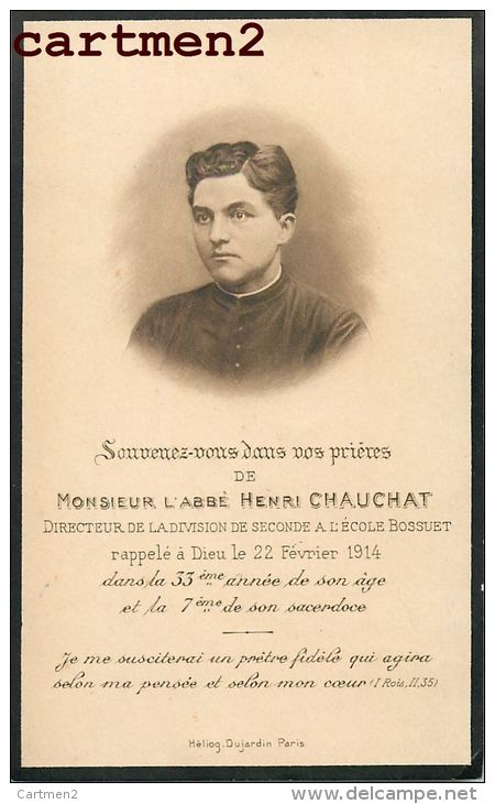 FAIRE-PART DE DECES MONSIEUR ABEE HENRI CHAUCHAT DIRECTEUR DE L'ECOLE BOSSUET RELIGION CURE - Obituary Notices