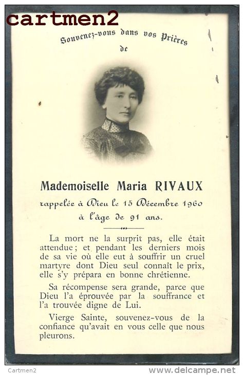 FAIRE-PART DE DECES MADEMOISELLE MARIA RIVAUX ROANNE STUDIO DUBUIS - Décès