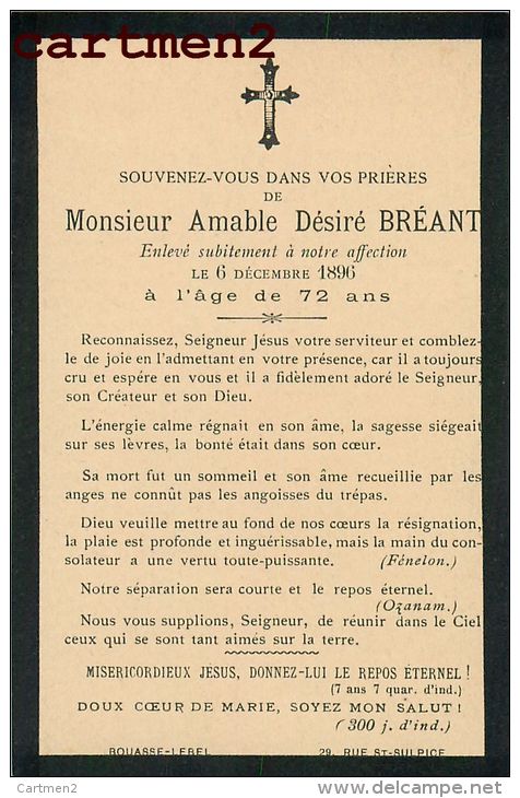 FAIRE-PART DE DECES MONSIEUR AMABLE DESIRE BREANT ROUASSE-LEBEL A PARIS 1896 - Décès