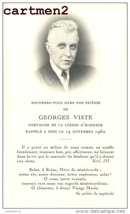 FAIRE-PART DE DECES GEORGES VISTE CHEVALIER DE LA LEGION D'HONNEUR SCHAEFER PARIS - Décès