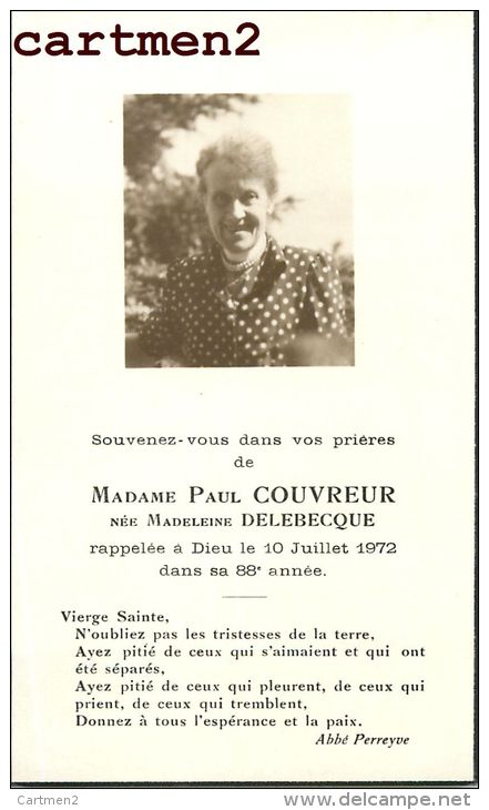 FAIRE-PART DE DECES MADAME PAUL COUVREUR NEE MADELEINE DELEBECQUE ABBEE PERREYVE PAVILLET PARIS - Décès