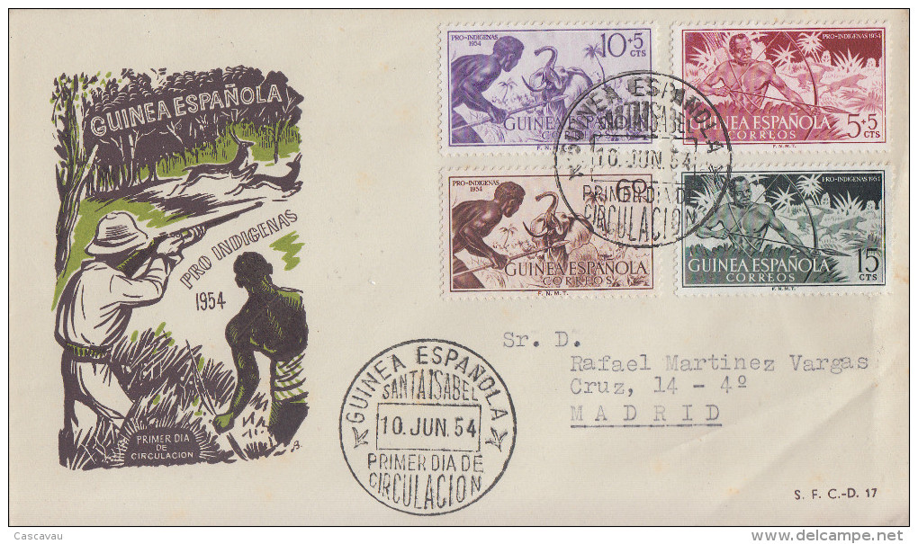 Enveloppe  1er  Jour  GUINEE  ESPAGNOLE  En  Faveur  Des  Indigénes  1954 - Guinea Espagnole