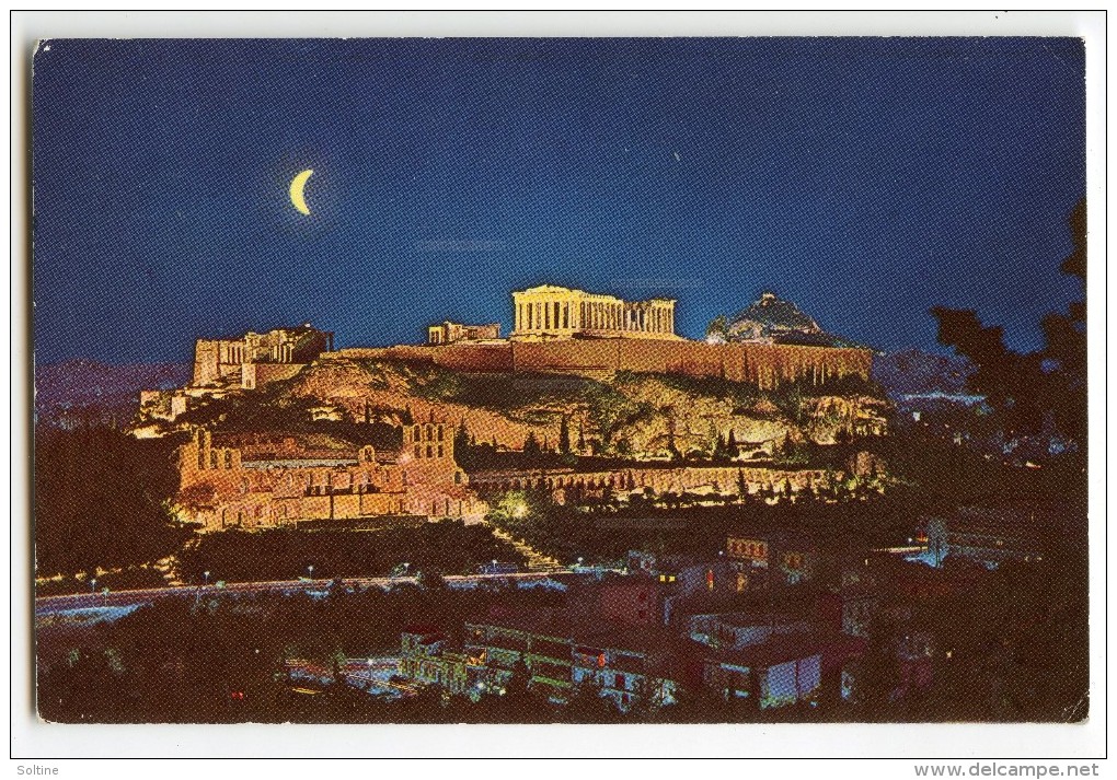 Athènes - L'Acropole Vue La Nuit  - écrite Et Timbrée - 2 Scans - Grèce