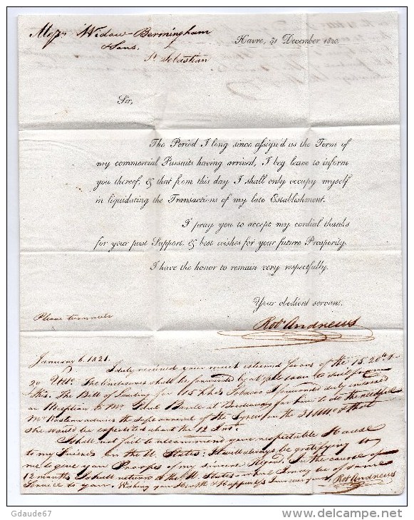 1820 - LETTRE PRE IMPRIMEE Avec MARQUE PORT PAYE ROUGE LE HAVRE (SEINE MARITIME) Pour L'ESPAGNE Avec TAXE ESPAGNOLE - 1801-1848: Voorlopers XIX