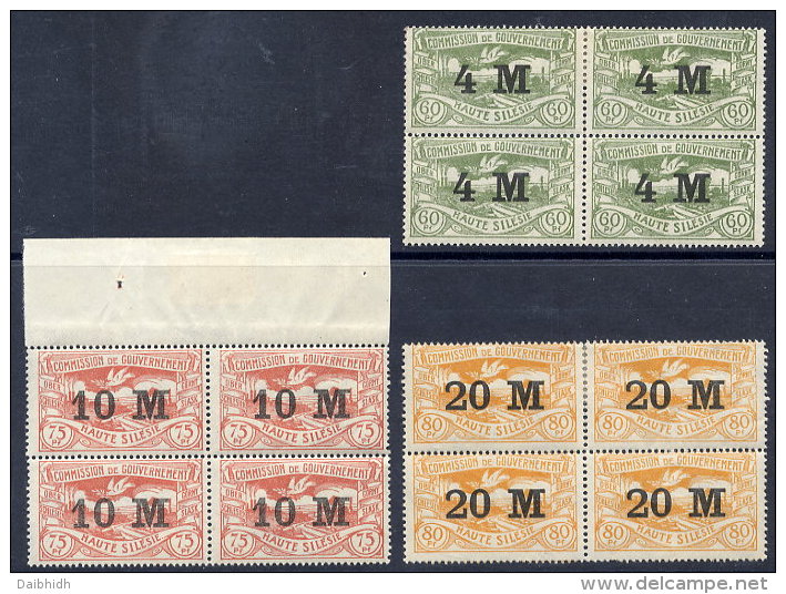 UPPER SILESIA 1922 Surcharge Set Of 3 In Blocks Of 4 MNH/LHM.  Michel 41-43 - Otros & Sin Clasificación