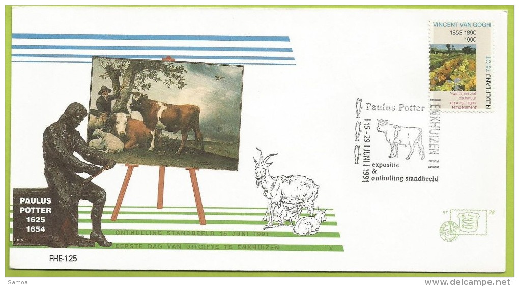 Pays-Bas Nederland 1990 1348 FDC Vincent Van Gogh Paysage La Vigne Verte Oblitéré Paulus Potter Taureau Vaches Moutons - Vaches