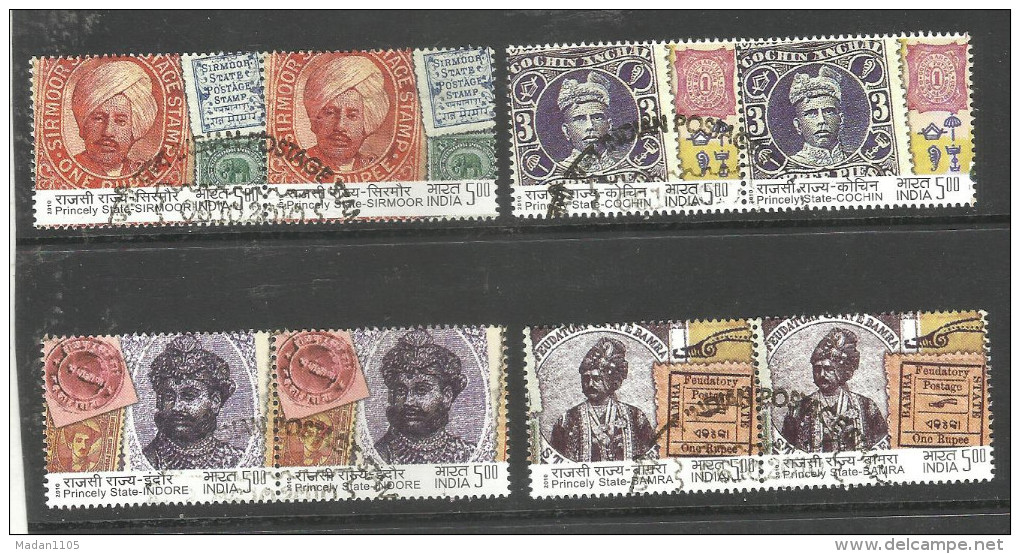 INDIA, 2010, FIRST DAY CANCELLED, Indian Princely States Postage Stamps,, Set 4 V In PAIRS,Complete. - Gebruikt