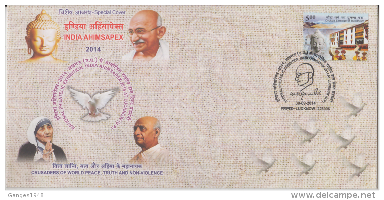 India  2014  Lord Buddha  Mother Teresa  Mahatma Gandhi  Ahimsapex  Lucknow  Special Cover # 88099  Inde Indien - Madre Teresa