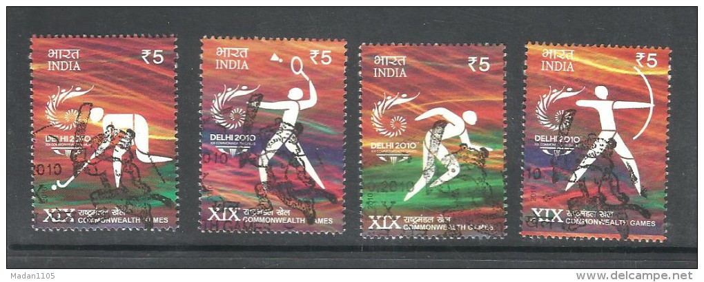 INDIA, 2010, FIRST DAY CANCELLED, XIX Commonwealth Games, Set 4 V, Sports, Archery Hockey, Badminton, Athletics, - Gebruikt