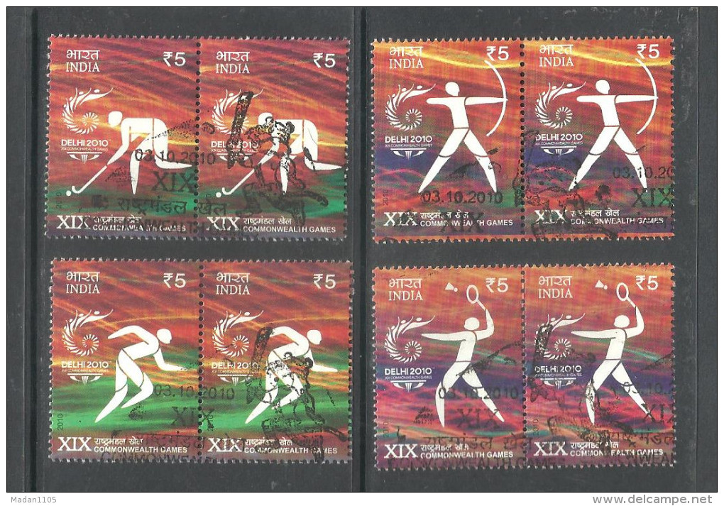 INDIA, 2010, FIRST DAY CANCELLED, XIX Commonwealth Games, Set 4 V, Pairs, Sport, Archery ,Hockey, Badminton,Athletics. - Usati