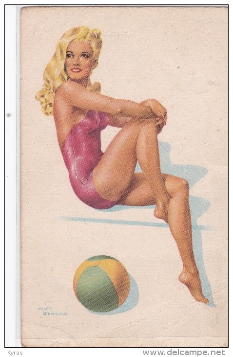 PIN UP  . MODE . Blonde En  Maillot  Rose 1 Pièce + Ballon  . Illust.  André BERMOND - Pin-Ups