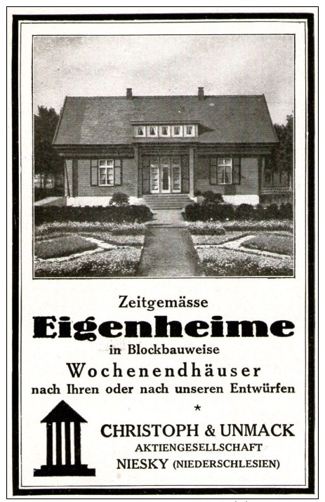 Original-Werbung/ Anzeige 1927 - EIGENHEIME / CHRISTOPH & UNMACK -NIESKY NIEDERSCHLESIEN - Ca. 65 X 110 Mm - Werbung