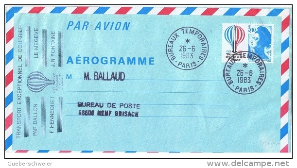 BAL-L10 - FRANCE Aérogramme Transport Exceptionnel De Courrier Par Ballon Le Megeve 1983 - Montgolfier