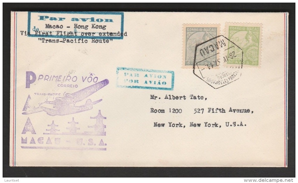 Macau MACAO Hong Kong 1937 Erstflug First Flight Cover To New York USA - Luftpost