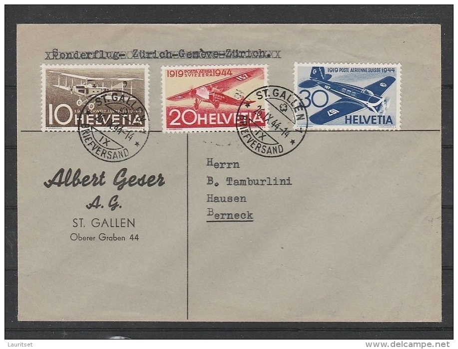 SCHWEIZ 1944 Flugpost St. Gallen Nach Berneck Mi 435 - 437 - Eerste Vluchten