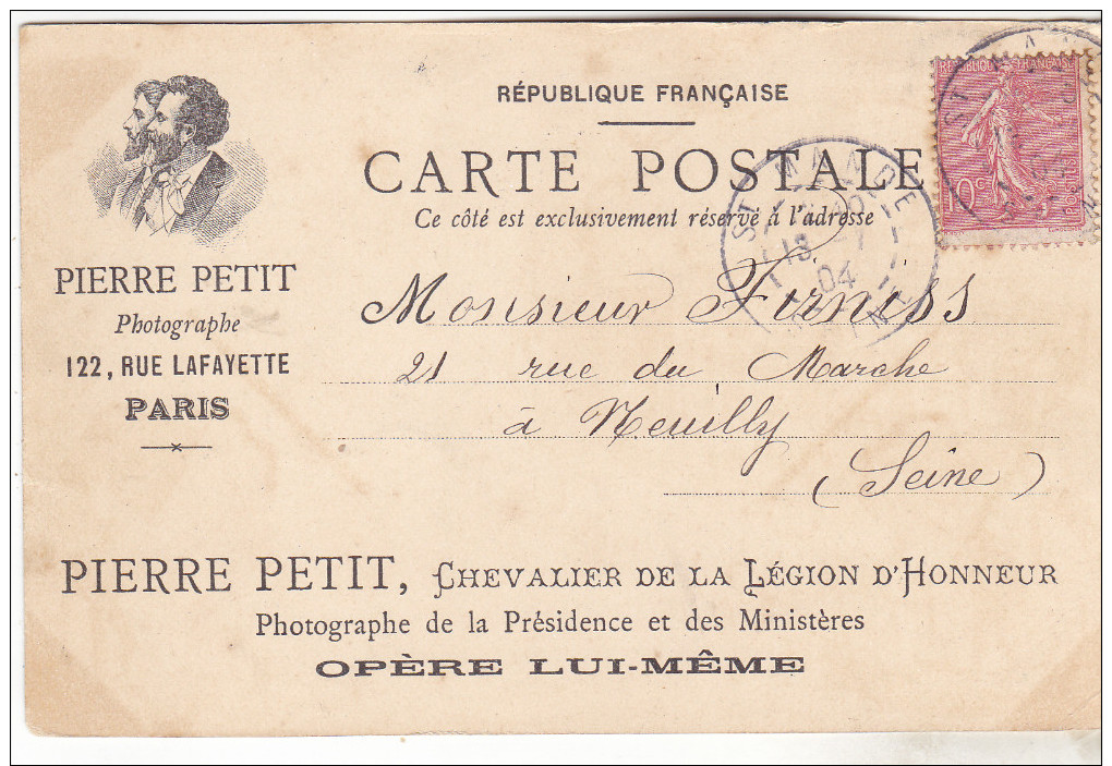 Carte Publicitaire Photographe- Pierre PETIT 122 Rue Lafayette Paris 19O4. Tb état Rare. - Publicité