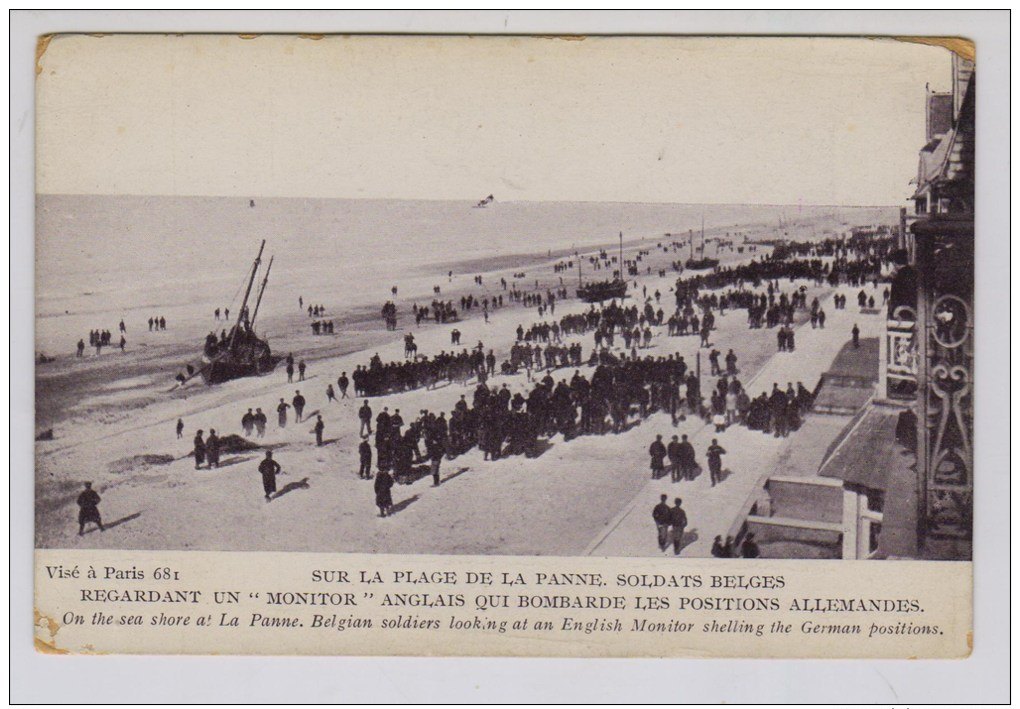 De Panne Belgische Soldaten Kijken Op Strand Naar Engelse Monitor Die Duitse Stellingen Beschiet - Weltkrieg 1914-18