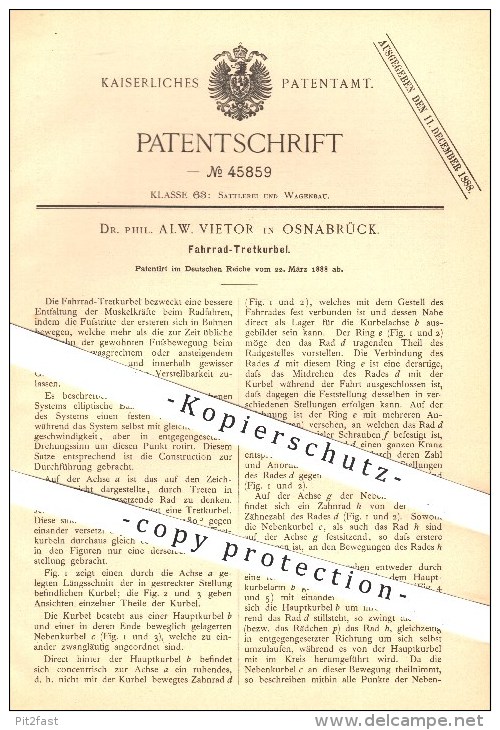 Original Patent - Dr. Phil. Alw. Vietor In Osnabrück , 1888 , Fahrrad - Tretkurbel , Kurbel , Fahrräder , Fahrzeugbau !! - Historische Dokumente