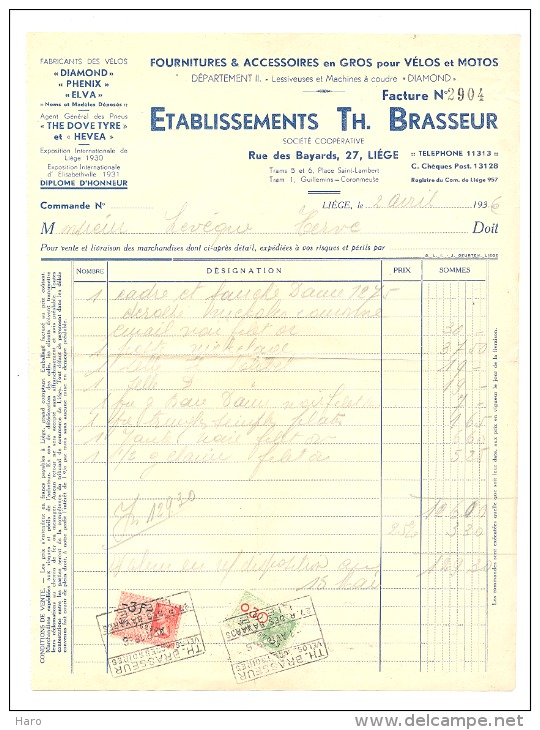 Facture - Fabricants Des Vélos " Diamond, Phenix Et Elva" + Accessoires Pour Vélos Et Moto Ets Th. BRASSEUR à Liège 1936 - 1900 – 1949