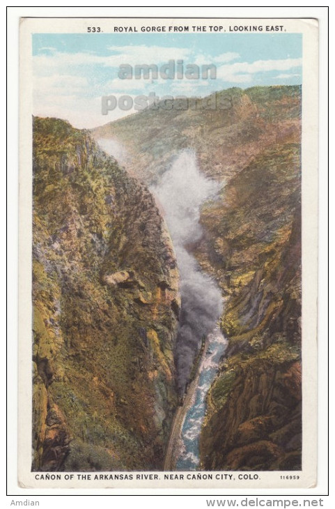 ROYAL GORGE FROM TOP - ARKANSAS RIVER CANYON COLORADO NEAR CANON CITY CO~ca 1920s Postcard  [6001] - Rocky Mountains