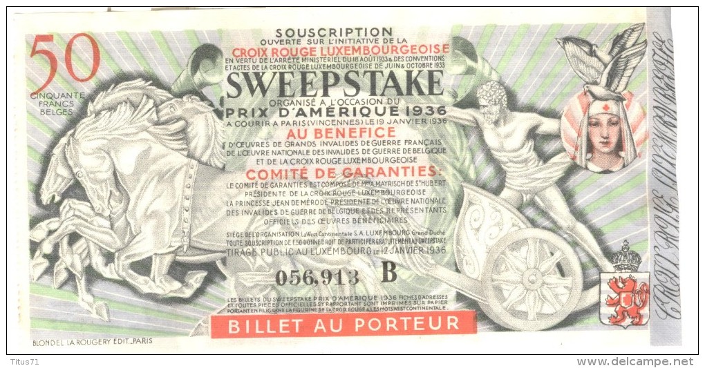 Billet Loterie - Croix Rouge Du Luxembourg - Sweepstake - Grand Prix D'Amérique 1936 - Billets De Loterie