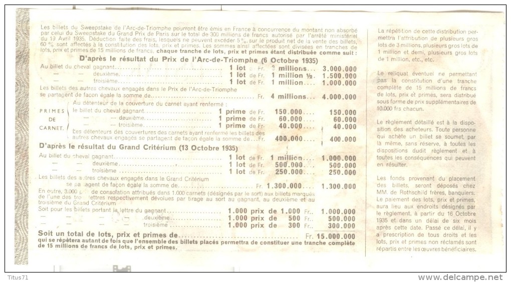 Billet Loterie - Sweepstake - Prix De L'Arc De Triomphe 1935 - Soc. D'Encouragement Des Races De Chevaux En France - Lotterielose