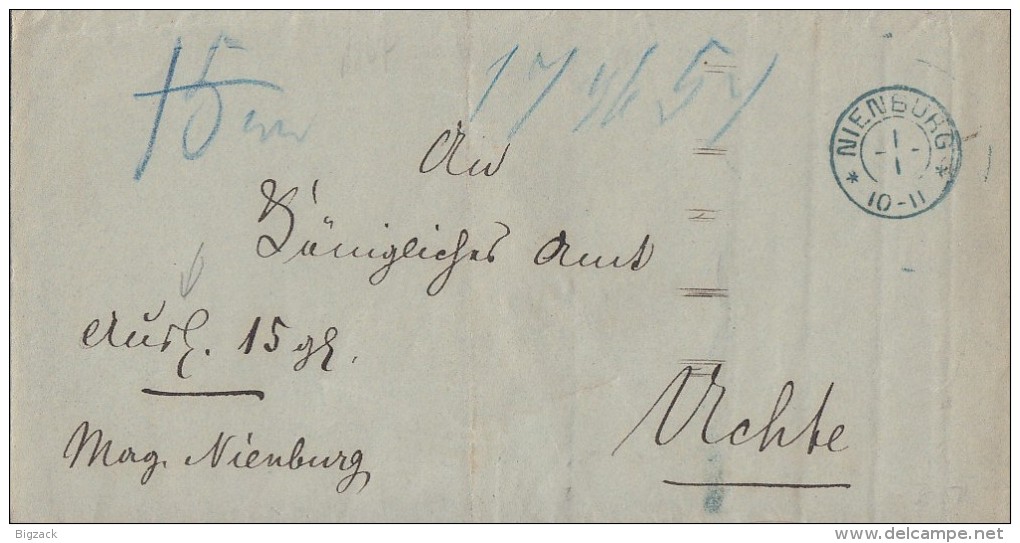Brief Gel. Von Nienburg 1.1. Blauer Stempel Nach Uchte - Hanover