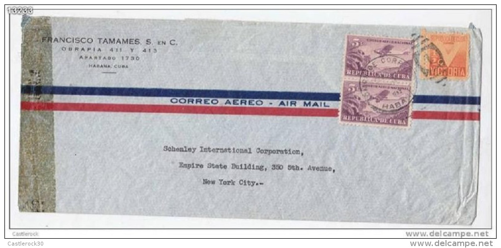 RG)1943 CUBA-CARIBE, VICTORY-AIRPLANE IN PAIR,  AIR MAIL, CIRCULATED COVER TO N.Y., XF - Poste Aérienne