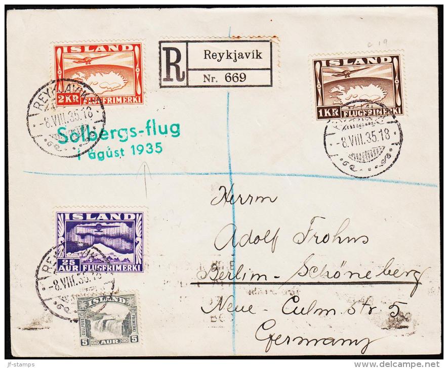 1935. Solbergs-flug I Agust 1935. 2 Kr. + 1 Kr. + 25 Aur + 5 Aur REYKJAVIK 8.VIII. 35. ... (Michel: 180B) - JF180925 - Lettres & Documents