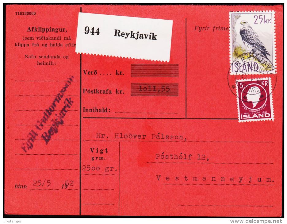 1960. Islandic Falcon. 25 Kr. Fylgibréf Postkrafa Kr. 1011,55. REYKJAVIK 25.V.62 (Michel: 339) - JF180931 - Brieven En Documenten