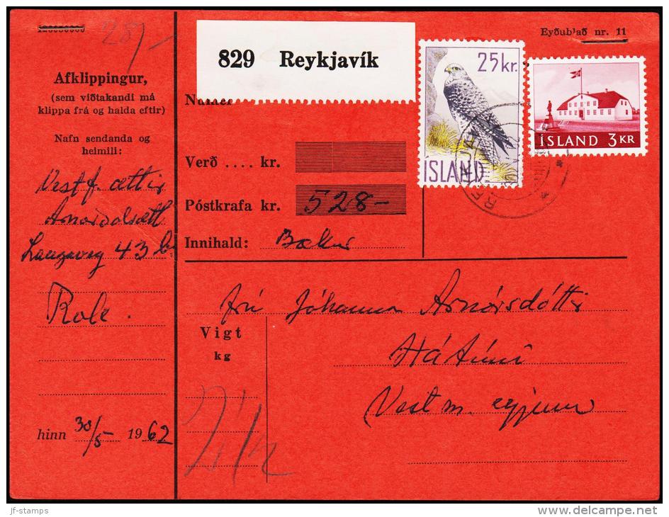 1960. Islandic Falcon. 25 Kr. Fylgibréf Postkrafa Kr. 528. REYKJAVIK 30.V.62 (Michel: 339) - JF180936 - Cartas & Documentos