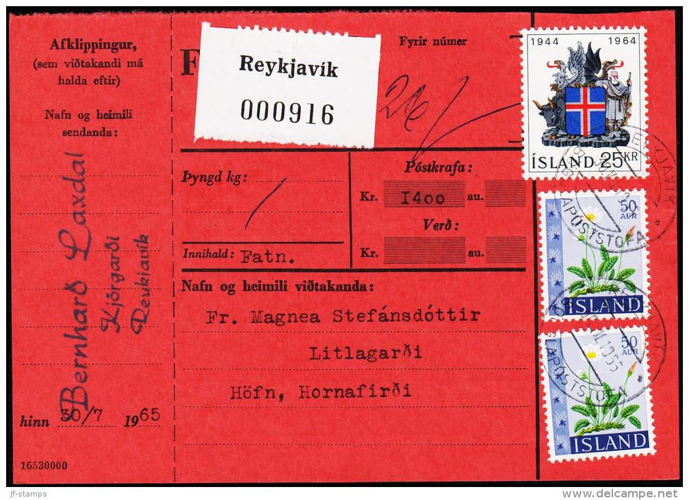 1964. Wappen Islands. 25 Kr.  Fylgibréf. Postkrafa 1400 Kr. REYKJAVIK 30.VII.1965. (Michel: 380) - JF180958 - Lettres & Documents