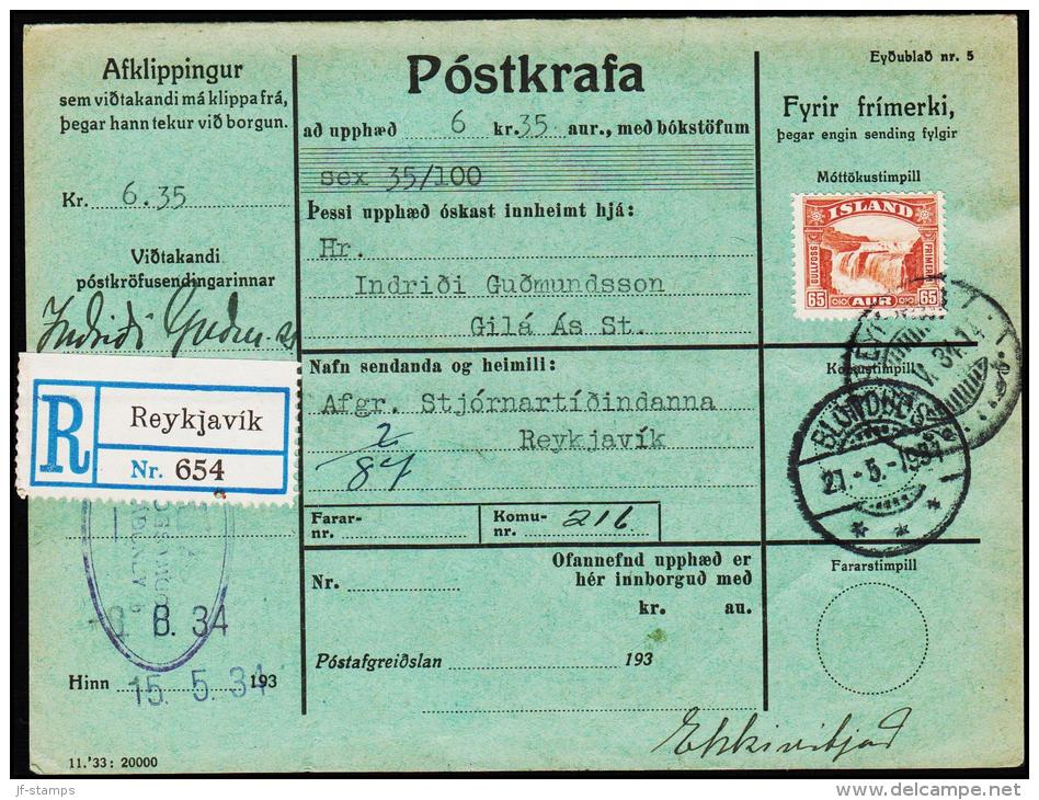 1932. Gullfoss. 65 Aur Brown Postkrafa 6 Kr. 25 Aur Rec REYKJAVIK 15.V.34 + BLÖNDUS 21.... (Michel: 154) - JF181156 - Brieven En Documenten