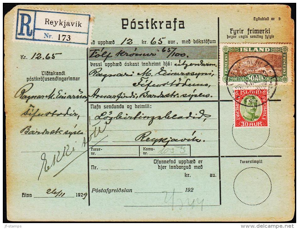 1925. Views And Buildings. 50 Aur Green/brown Postkrafa 12 Kr. 65 Aur Rec REYKJAVIK 26.... (Michel: 118) - JF181159 - Lettres & Documents